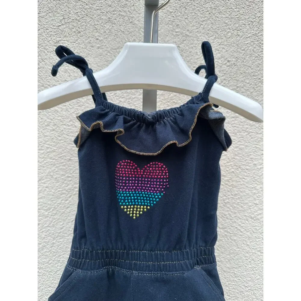 Pink House Ruffled Romper Heart Motive, Baby Size 2T, Navy Blue